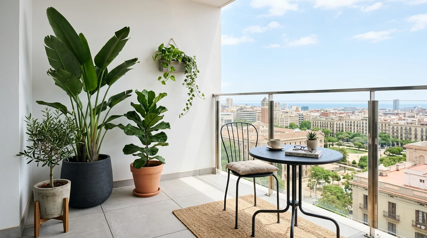 A modern balcony with minimal furniture and a few statement plants bright natural light clean lush design no people