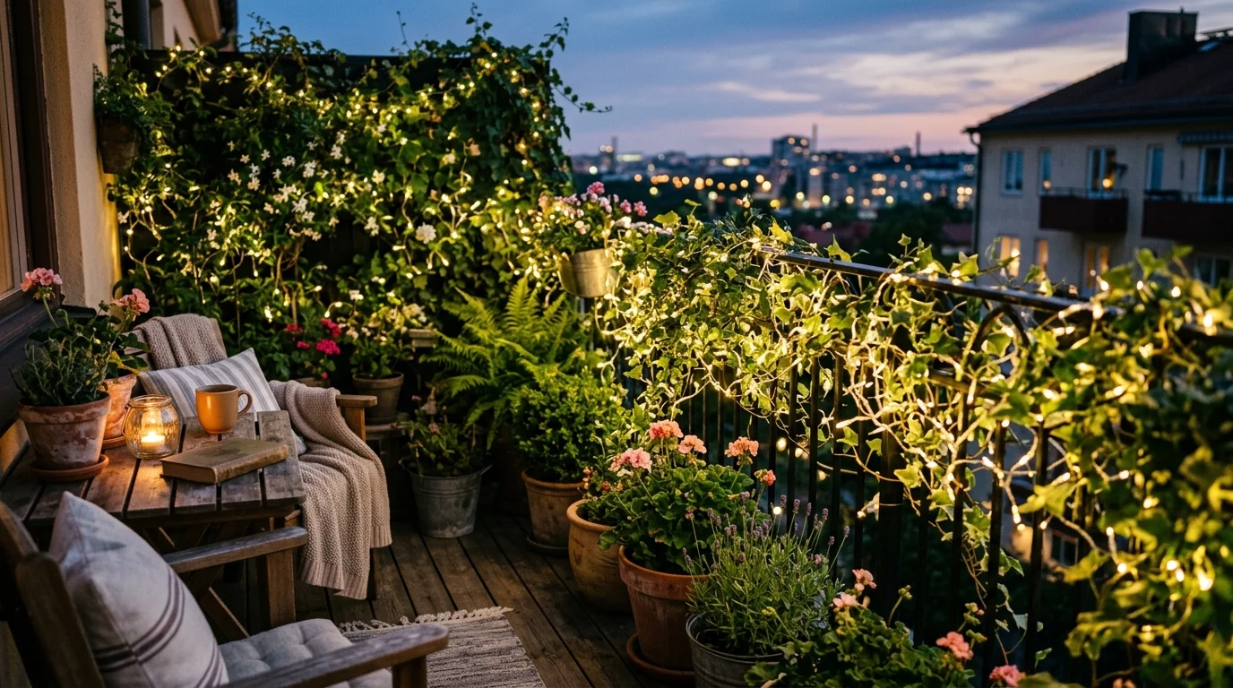 A balcony garden with fairy lights woven through plants soft evening lighting magical cozy atmosphere no people