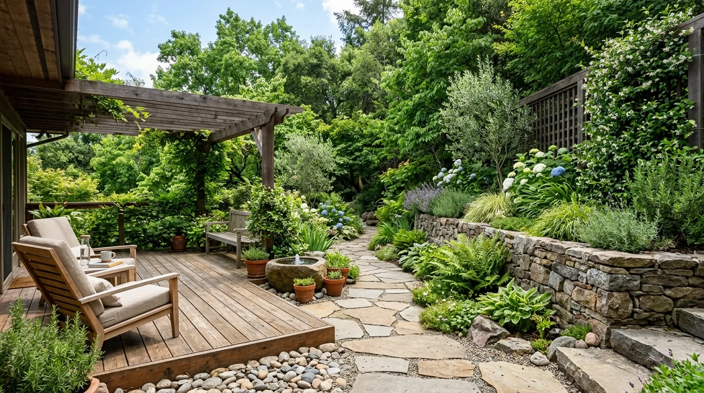 A space with a mix of textures including wood stone and greenery bright natural light balanced outdoor design no people