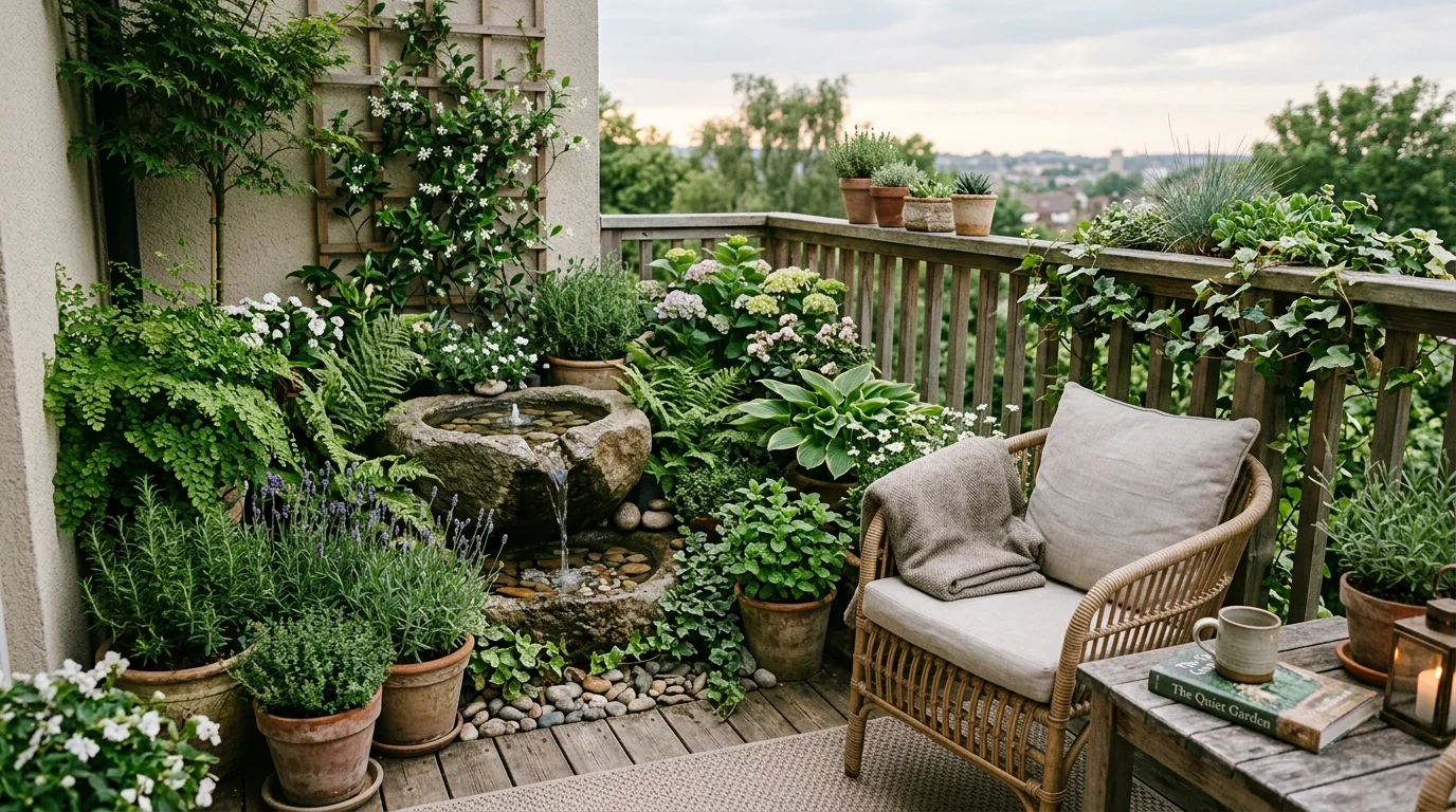 A balcony with a small water feature surrounded by plants soft natural lighting calming sensory garden no people