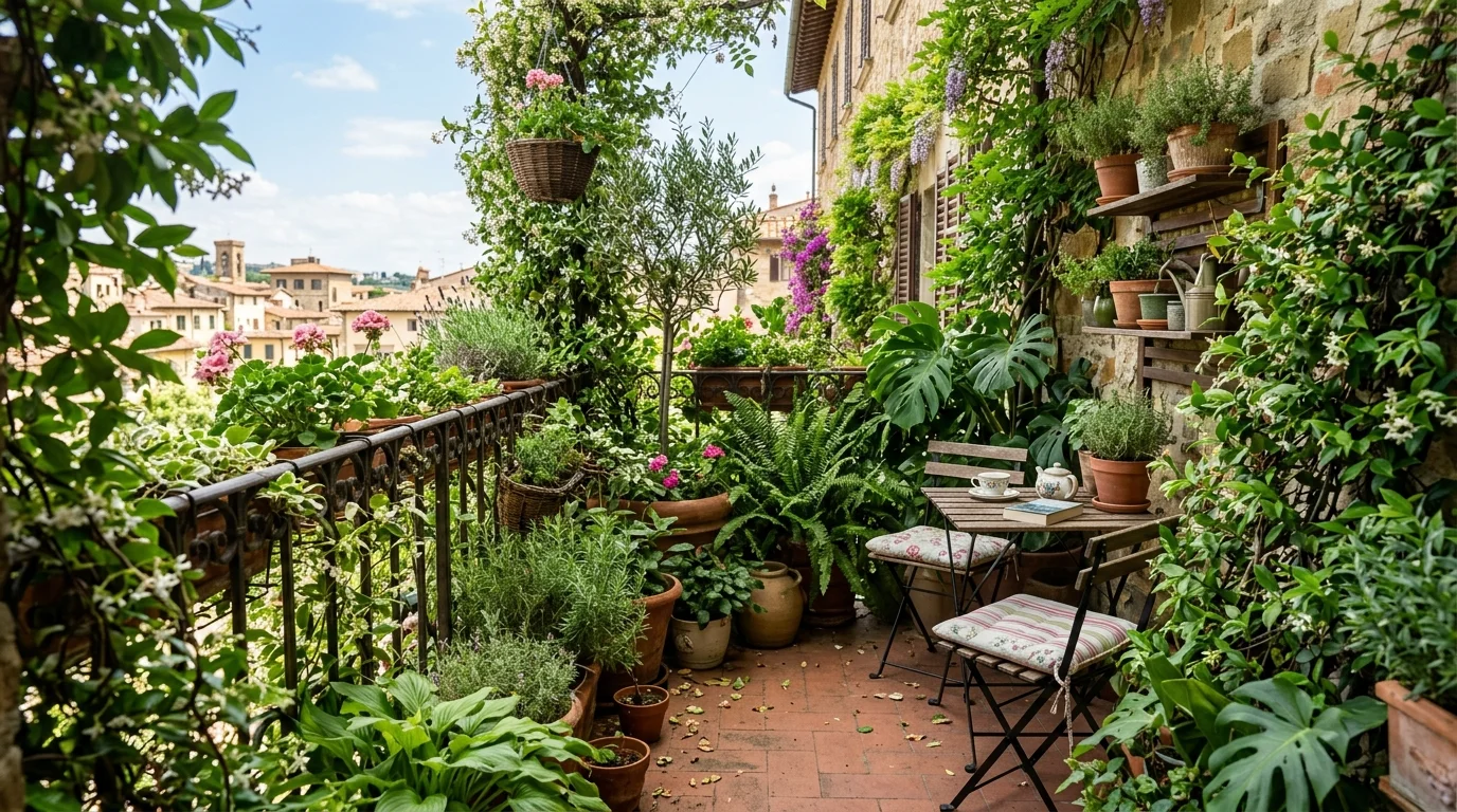 A lush balcony with dense greenery creating a private outdoor escape bright natural daylight immersive garden feel no people