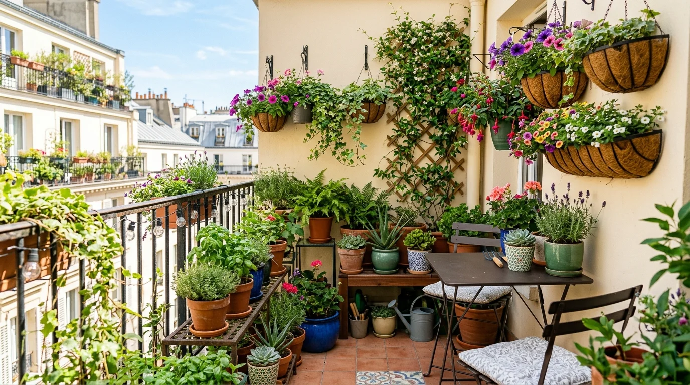 A compact balcony with hanging baskets and small pots arranged creatively bright natural light efficient green oasis no people