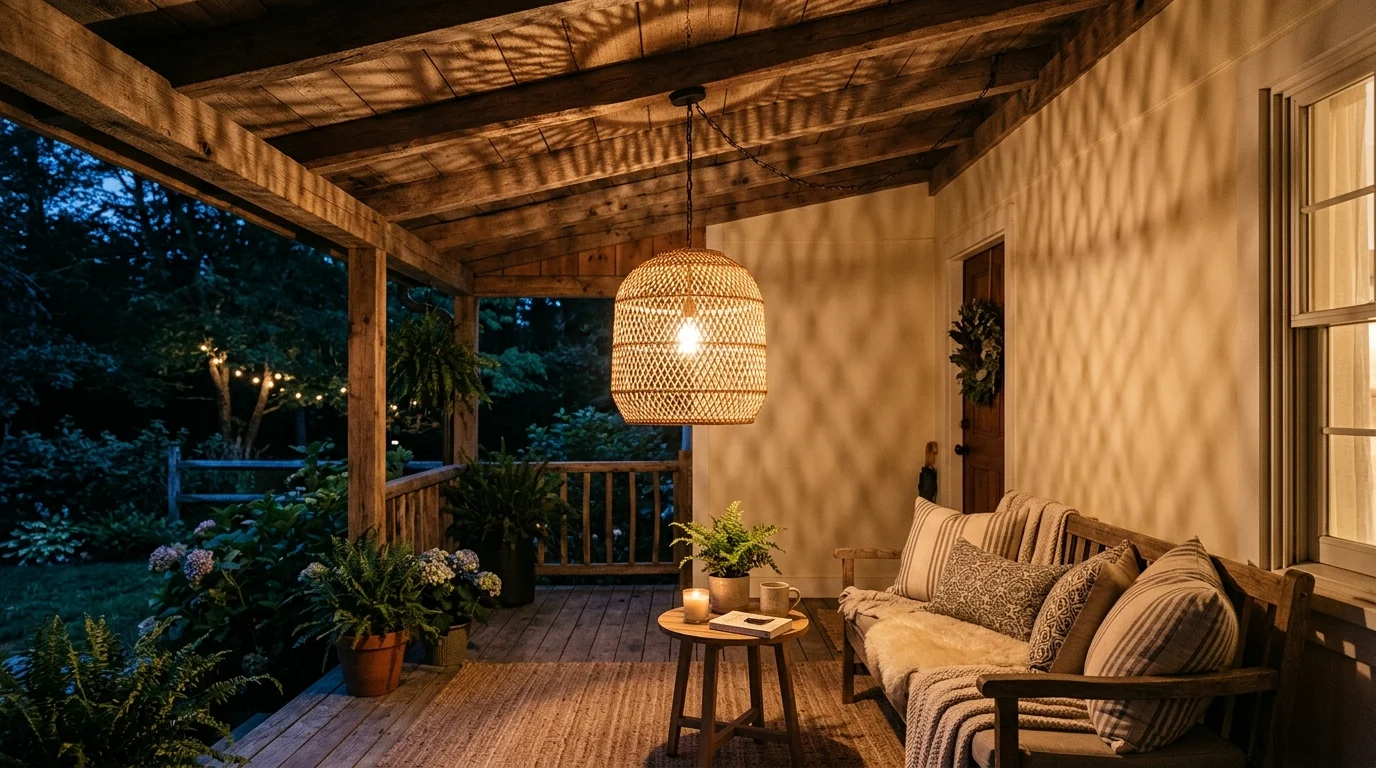 A porch ceiling with a hanging wicker lantern casting patterned shadows across the space soft ambient lighting cozy welcoming vibe no people