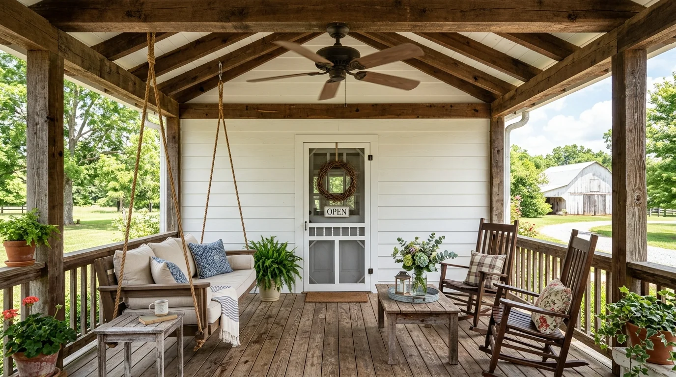 A farmhouse style porch with exposed beams and a vintage ceiling fan paired with simple decor bright natural daylight rustic inviting design no people