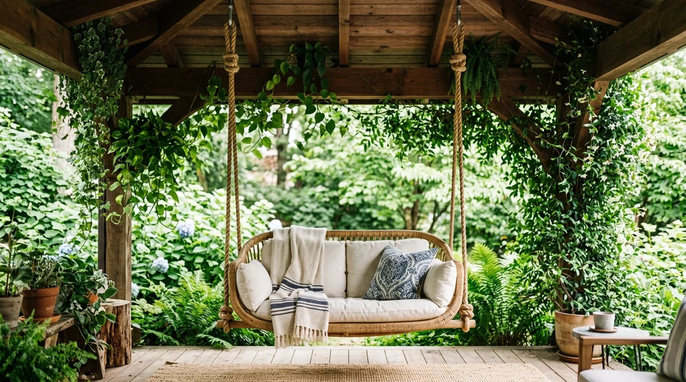 A porch ceiling with a swing chair suspended by sturdy ropes surrounded by greenery soft natural light relaxing overhead feature no people