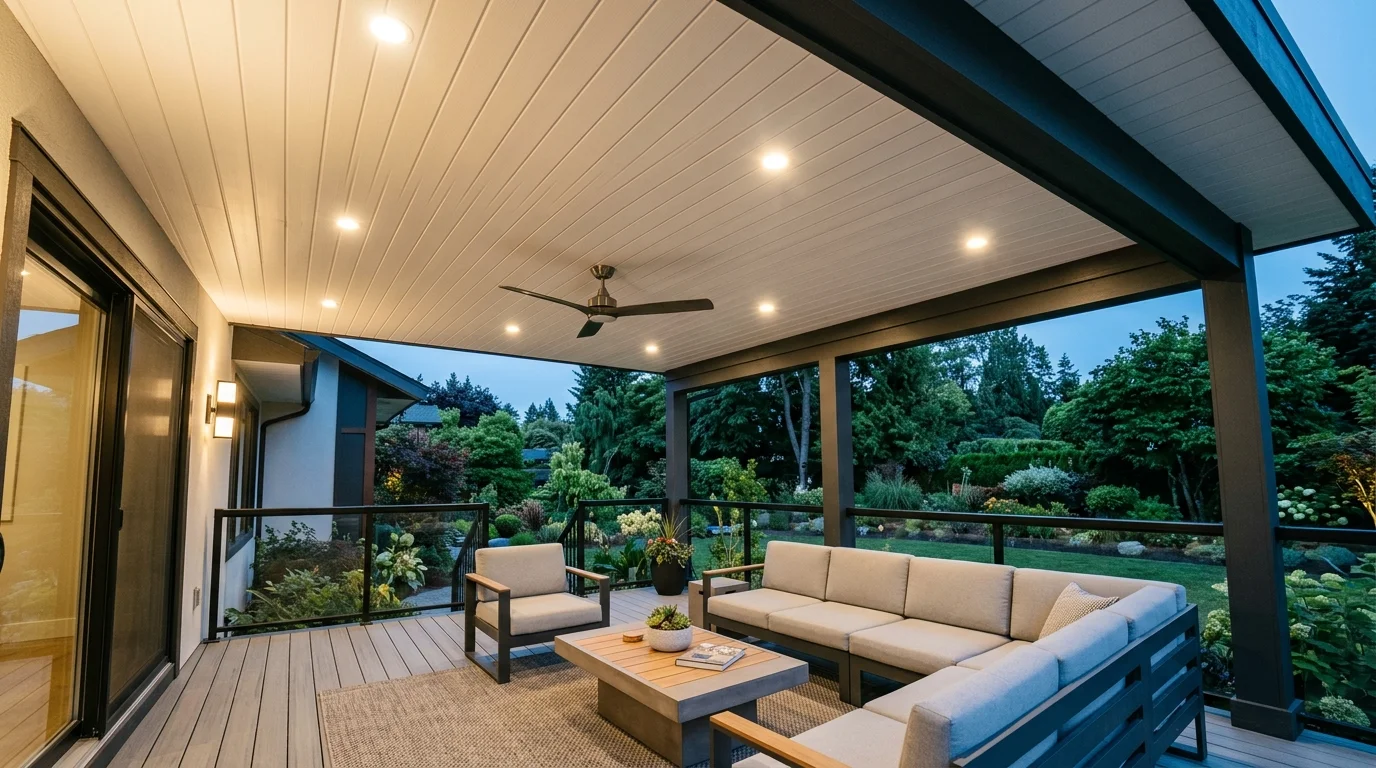 A modern porch ceiling with recessed lighting and clean white panels bright lighting sleek contemporary outdoor design no people