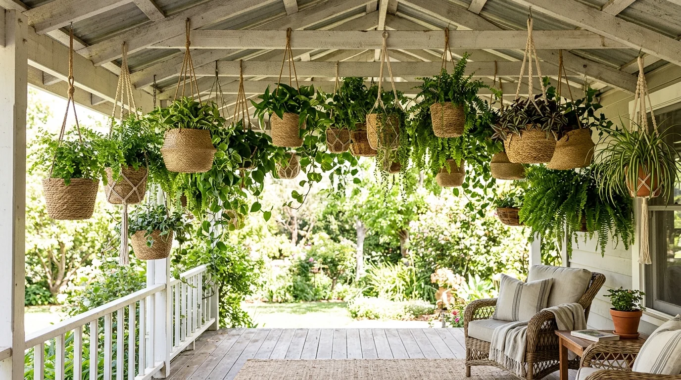 A porch ceiling decorated with hanging plants in woven baskets creating a lush green canopy bright natural daylight fresh inviting atmosphere no people