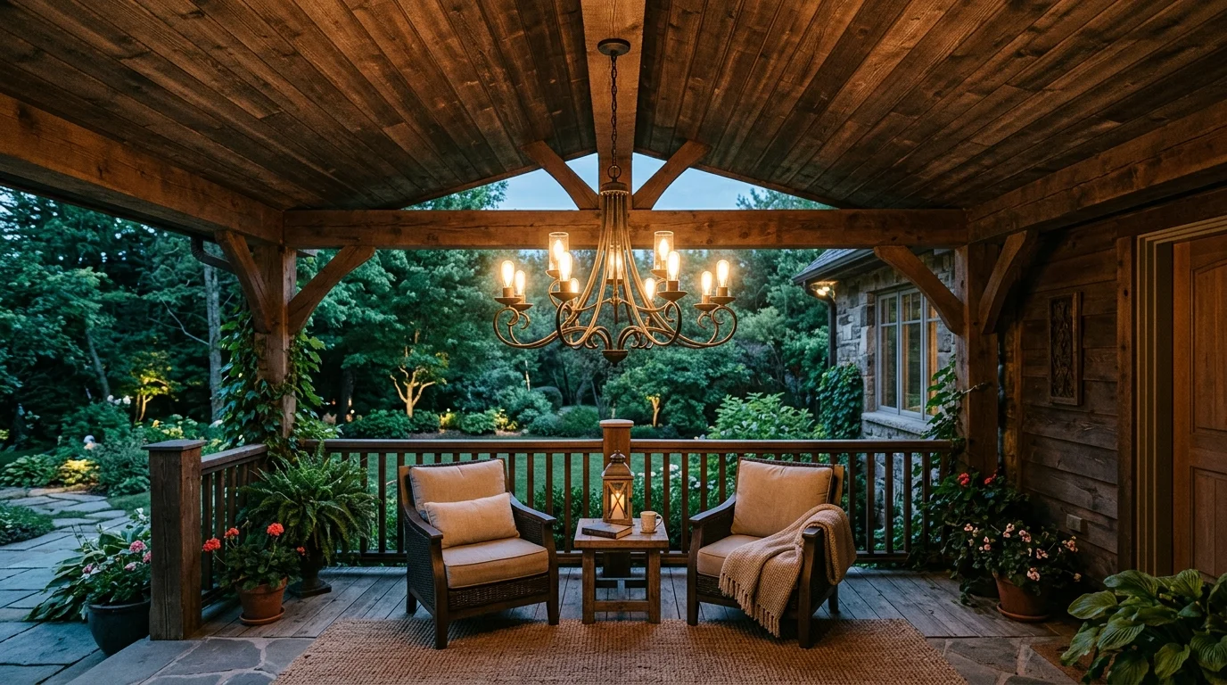 A rustic porch with a wooden plank ceiling and a chandelier hanging at the center warm soft lighting elegant outdoor touch no people
