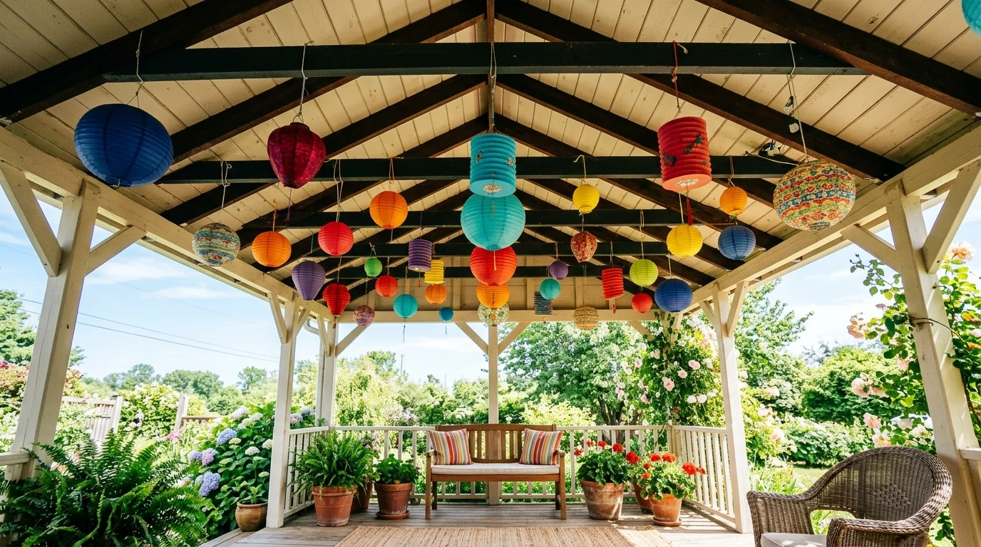 A porch ceiling with colorful paper lanterns hanging at different heights bright lighting festive cheerful decor no people