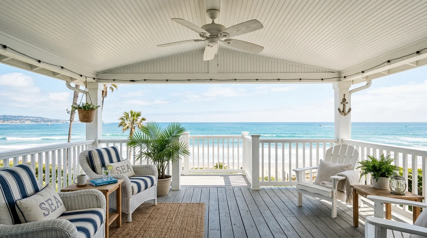 A coastal porch with a white beadboard ceiling and a simple ceiling fan bright natural light breezy relaxed style no people