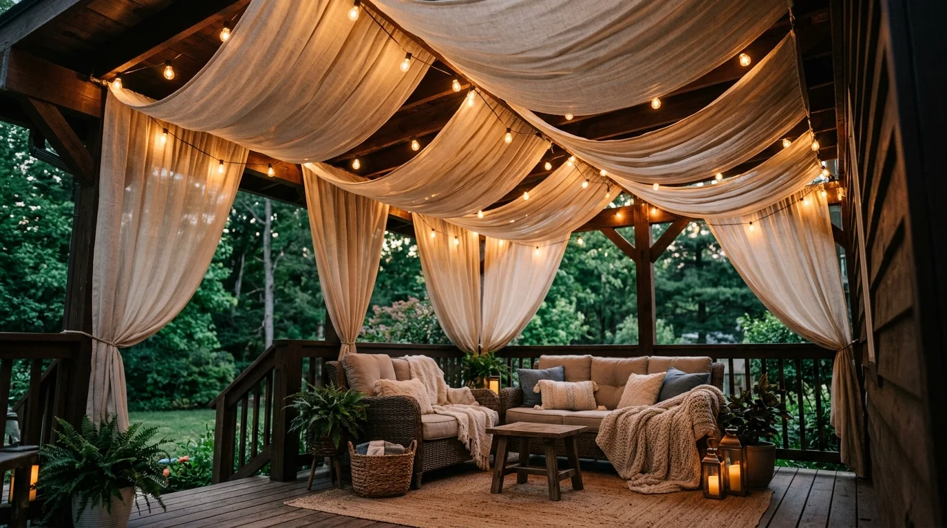 A porch ceiling with a fabric canopy draped softly creating a shaded cozy retreat soft lighting dreamy inviting ambiance no people
