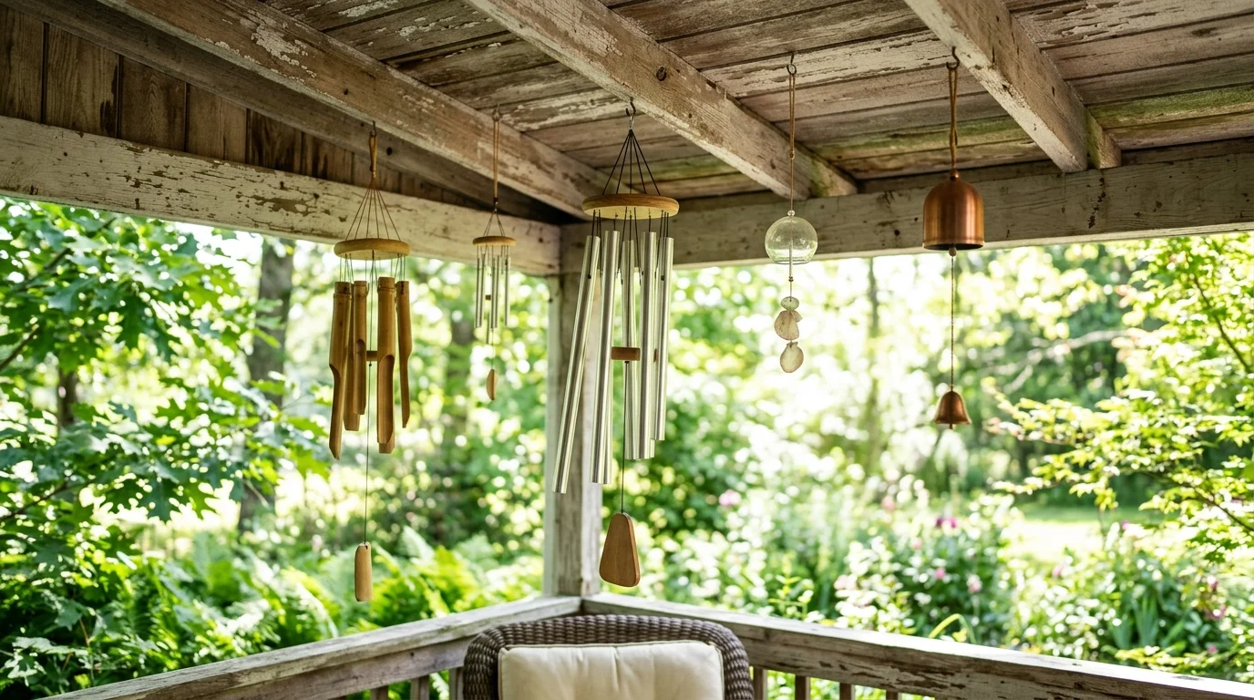 A porch ceiling with hanging wind chimes gently swaying in the breeze bright natural daylight peaceful soothing decor no people