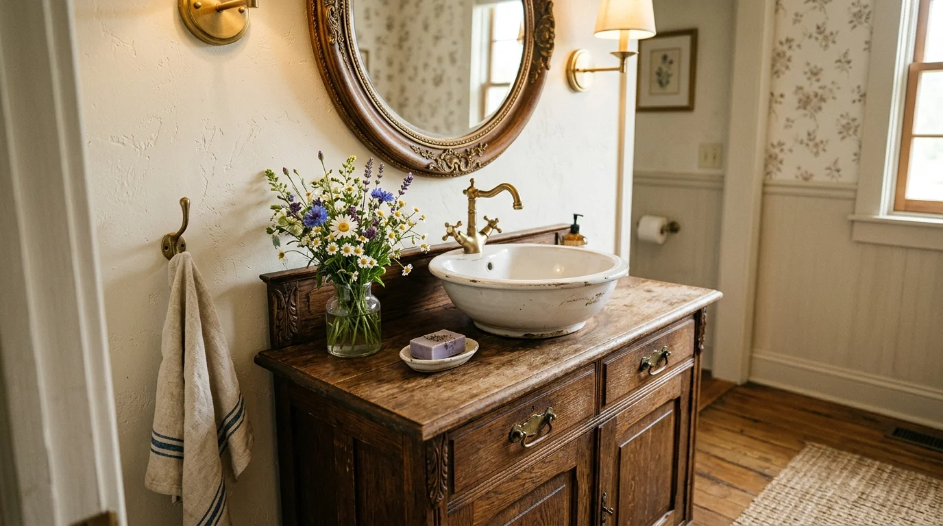 A charming vintage bathroom vanity with an antique wooden cabinet, round mirror with ornate frame, ceramic sink, fresh wildflowers in a glass vase, warm soft lighting, elegant rustic styling, close-up angled shot, no people