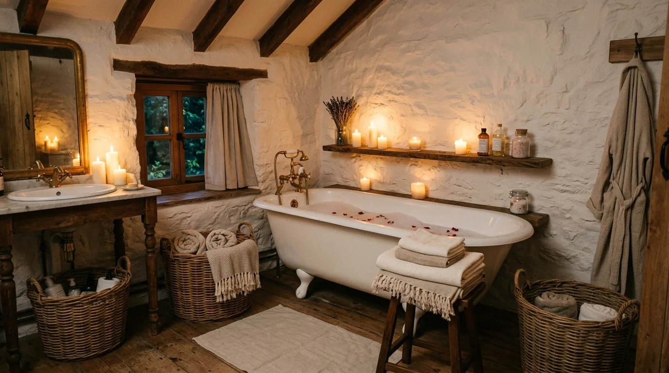 A romantic cottage bathroom with exposed wooden beams, whitewashed walls, linen towels neatly folded, wicker baskets for storage, soft candlelight glow, serene and cozy mood, slightly angled composition, no people