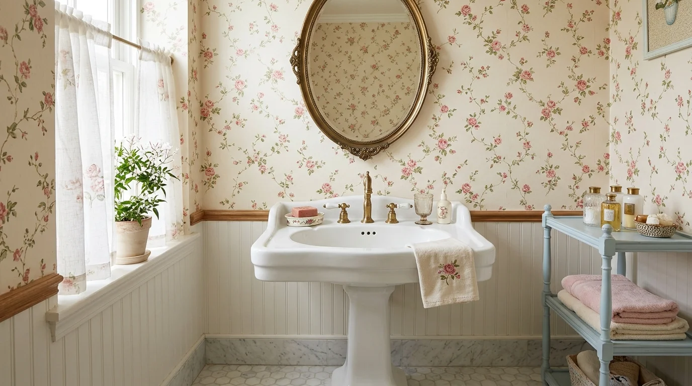 A floral-inspired bathroom with delicate rose-pattern wallpaper, porcelain sink with brass faucet, vintage soap dishes, pastel accents, soft daylight through sheer curtains, front-facing shot, no people