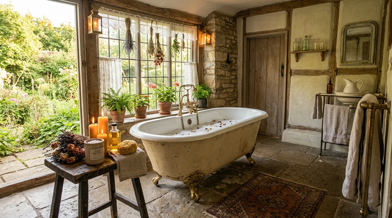 A rustic cottagecore bathroom featuring stone flooring, antique bathtub with claw feet, wooden stool with candles and bath essentials, warm golden lighting, dreamy ambiance, wide-angle shot, no people