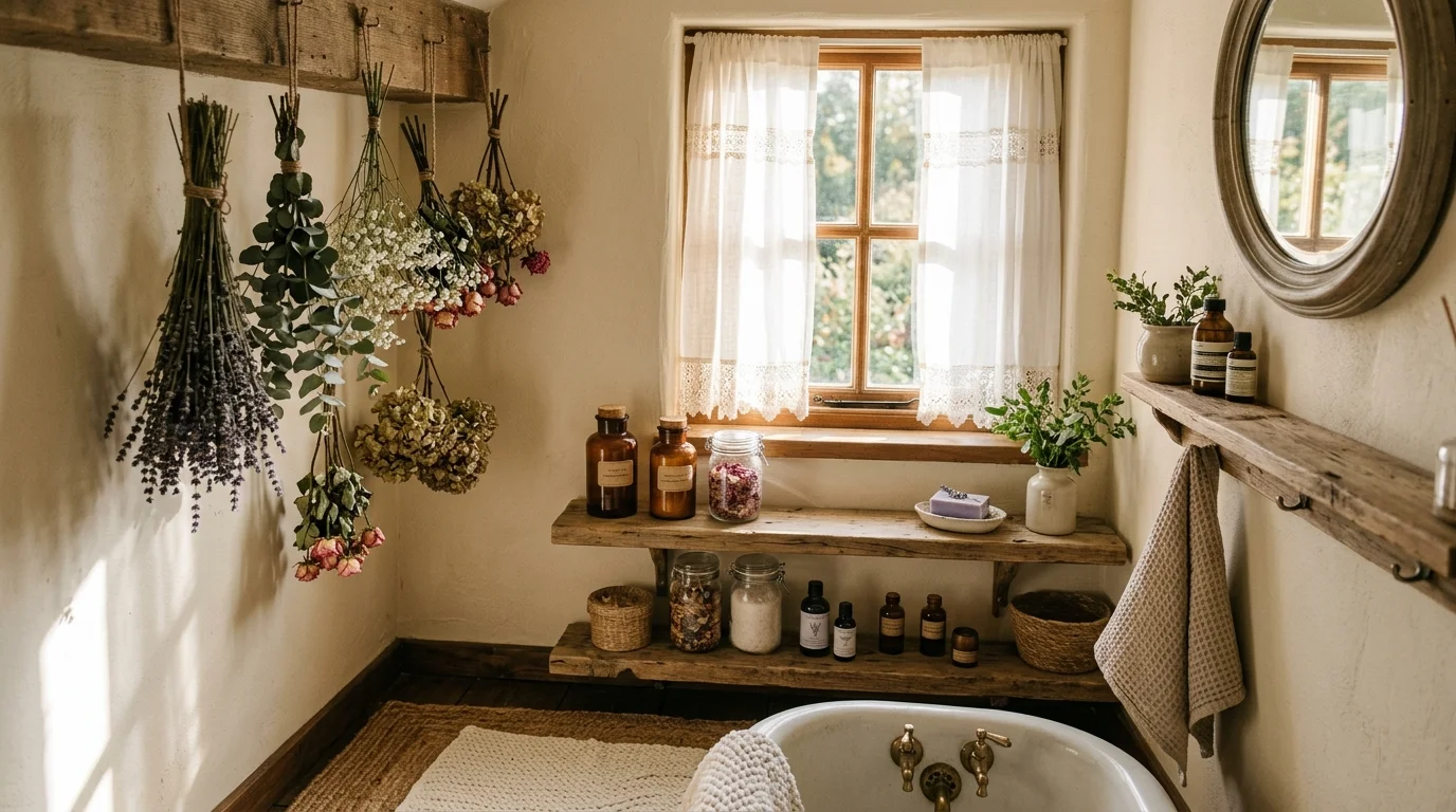 A cozy bathroom corner with hanging dried flowers, lace-trimmed curtains, wooden shelves holding glass jars, soft neutral tones, natural sunlight streaming in, intimate atmosphere, close-up composition, no people