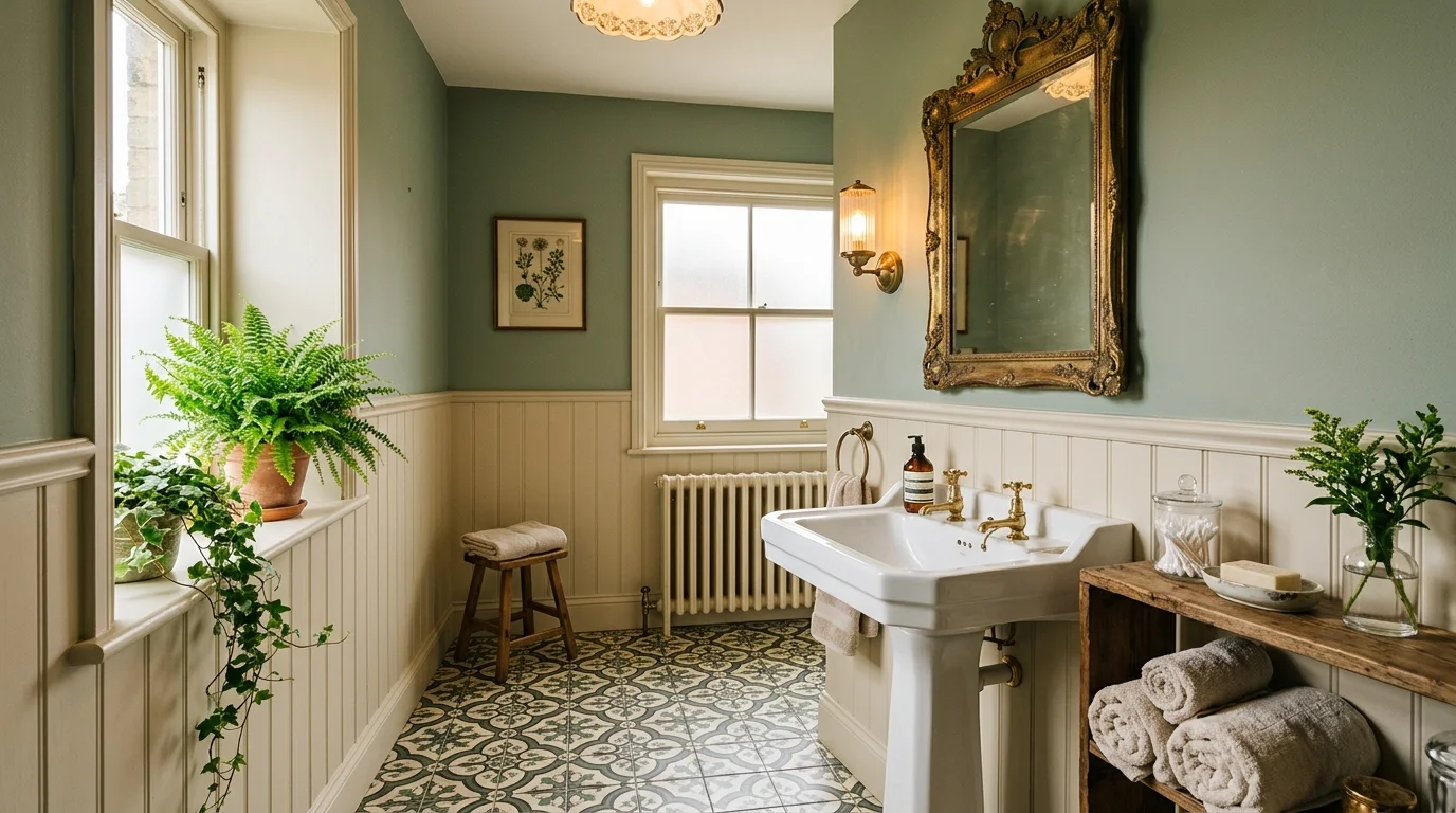 A vintage-style bathroom with patterned tiled floor, pedestal sink, antique mirror, soft green and cream color scheme, fresh greenery accents, warm ambient lighting, eye-level shot, no people