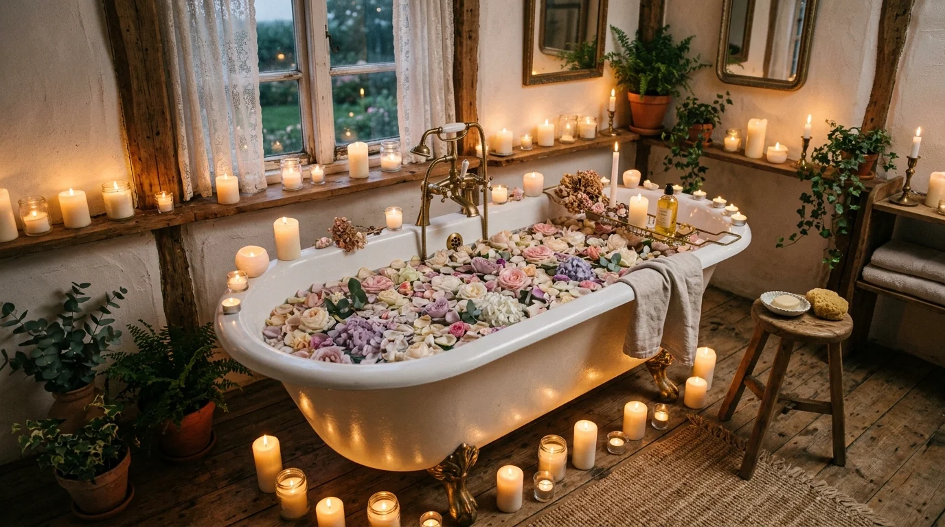 A romantic bath setup with a clawfoot tub filled with flowers, candles around the edges, soft glowing light, pastel petals floating, dreamy cottagecore aesthetic, slightly elevated angle, no people