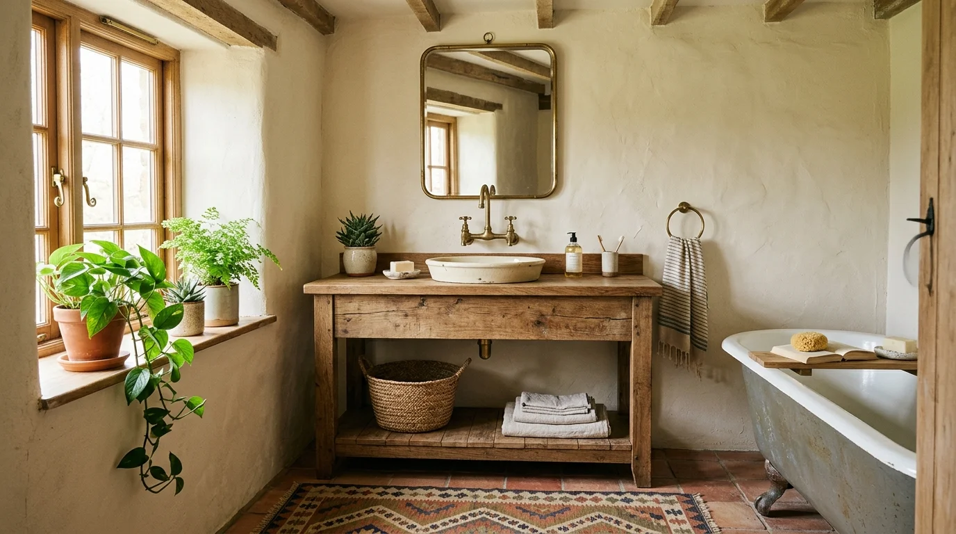 A cottage bathroom with wooden vanity, ceramic sink, brass fixtures, handwoven rugs, and potted plants, soft natural light, earthy tones, cozy rustic charm, straight-on composition, no people