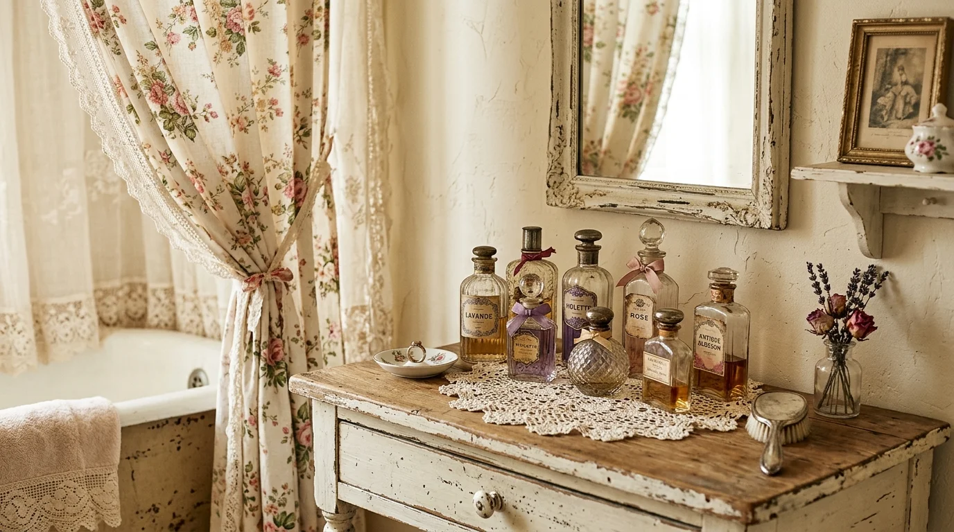 A shabby chic bathroom with distressed white furniture, floral curtains, lace details, vintage perfume bottles displayed, warm soft lighting, nostalgic aesthetic, close-up shot, no people
