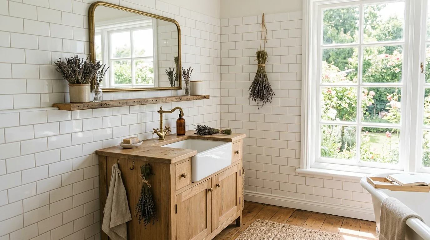 A minimalist cottagecore bathroom with white subway tiles, wooden accents, dried lavender bundles, soft neutral palette, bright natural daylight, calm and airy mood, front-facing shot, no people
