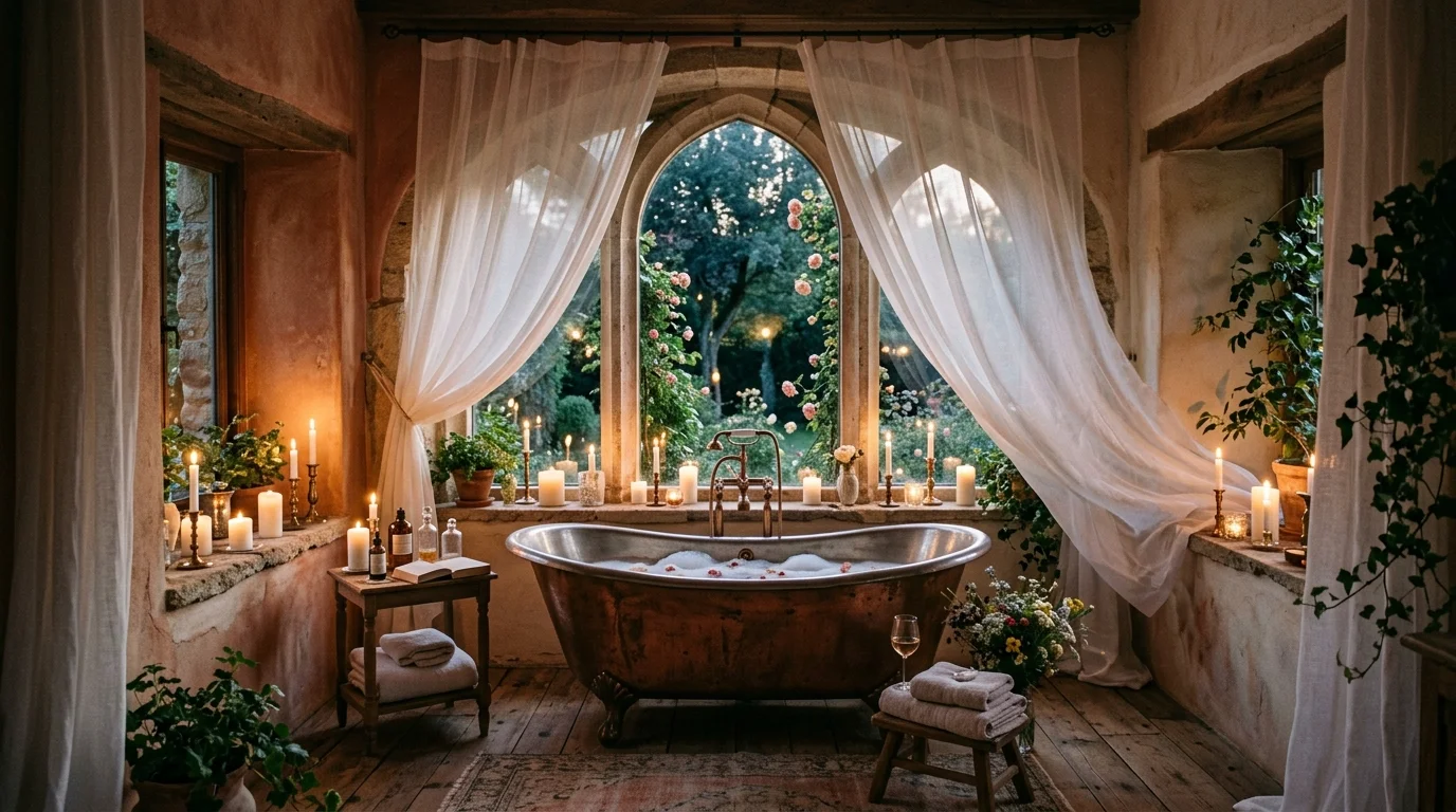 A romantic bathtub nook with arched window, sheer curtains flowing, candlelit ambiance, antique bathtub centerpiece, soft warm tones, dreamy vintage retreat style, wide shot, no people