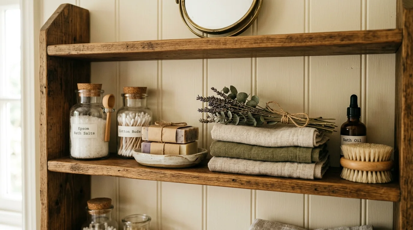 A cozy cottage bathroom shelf styled with glass jars, soaps, dried flowers, and folded linen towels, warm wood tones, soft ambient lighting, detailed close-up shot, no people