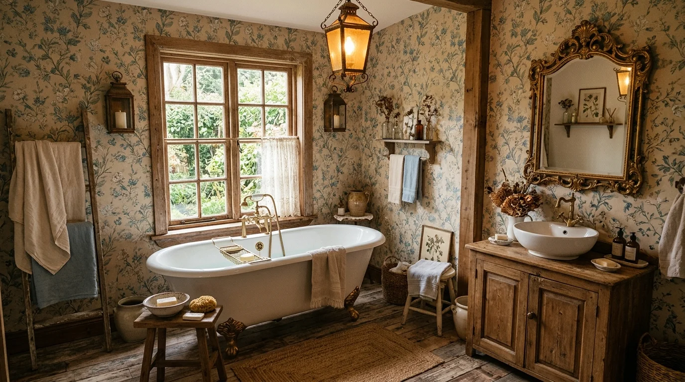 A vintage-inspired bathroom with patterned wallpaper, ornate mirror, clawfoot tub, rustic wood flooring, soft glowing lantern light, elegant romantic cottagecore retreat atmosphere, angled wide shot, no people