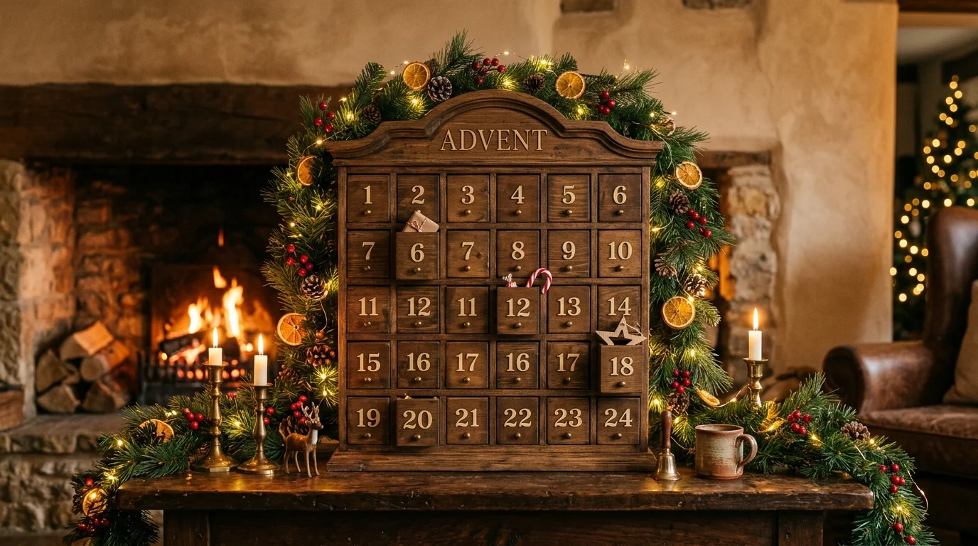 A rustic wooden advent calendar with numbered drawers filled with small gifts, pine garlands draped around, warm amber lighting, cozy holiday atmosphere, eye-level straight-on shot, no people