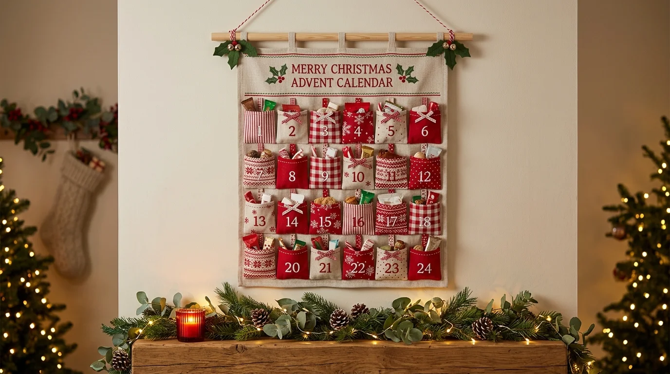 A wall-mounted advent calendar using hanging fabric pockets in festive red and white patterns, arranged in a grid, soft textures, warm indoor lighting, front-facing composition, no people