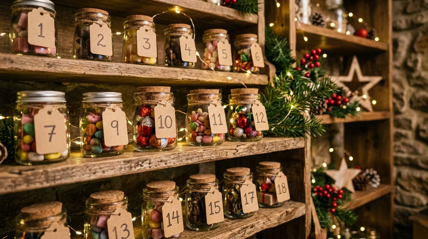 A DIY advent calendar created with glass jars filled with treats and labeled numbers, arranged neatly on wooden shelves, fairy lights glowing softly, warm festive mood, angled close-up shot, no people