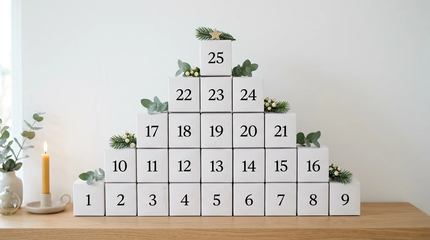 A minimalist advent calendar with plain white boxes stacked in a pyramid shape, black number labels, subtle greenery accents, clean modern aesthetic, bright diffused light, straight-on composition, no people
