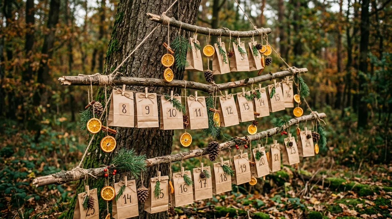 A nature-inspired advent calendar with small paper bags tied to tree branches using twine, decorated with dried orange slices and pinecones, earthy tones, soft daylight, slightly angled outdoor shot, no people
