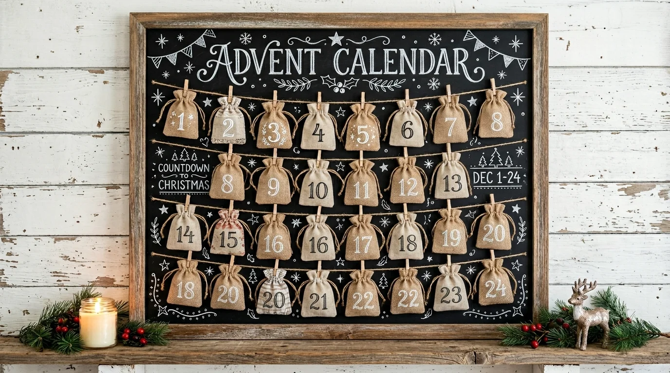 A DIY chalkboard advent calendar with handwritten numbers and small hanging pouches, black background with white lettering, creative artistic style, bright overhead lighting, front view, no people