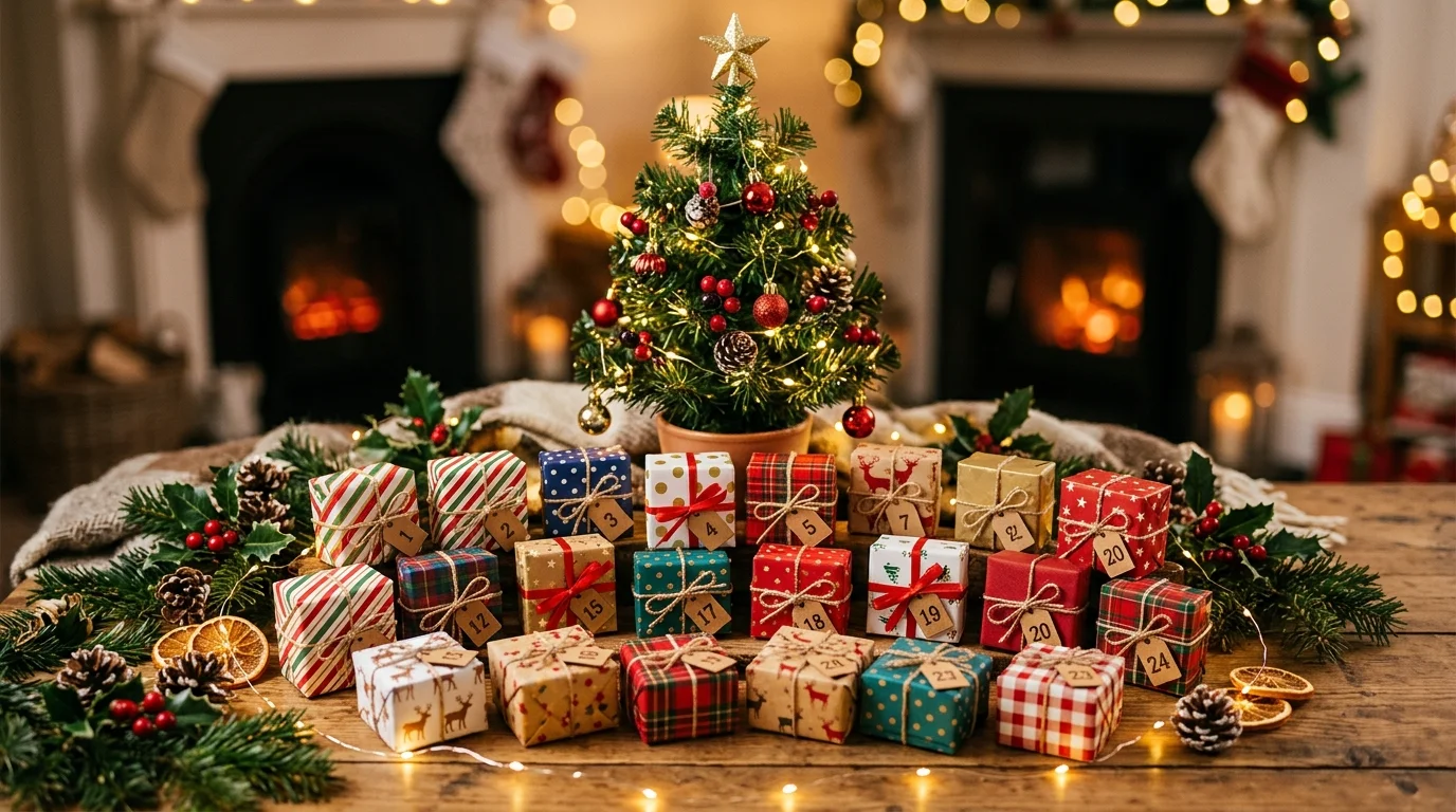 A festive advent calendar using wrapped mini gift boxes in various patterns and colors, arranged under a small decorative tree, vibrant tones, soft glowing lights, cozy atmosphere, angled shot, no people
