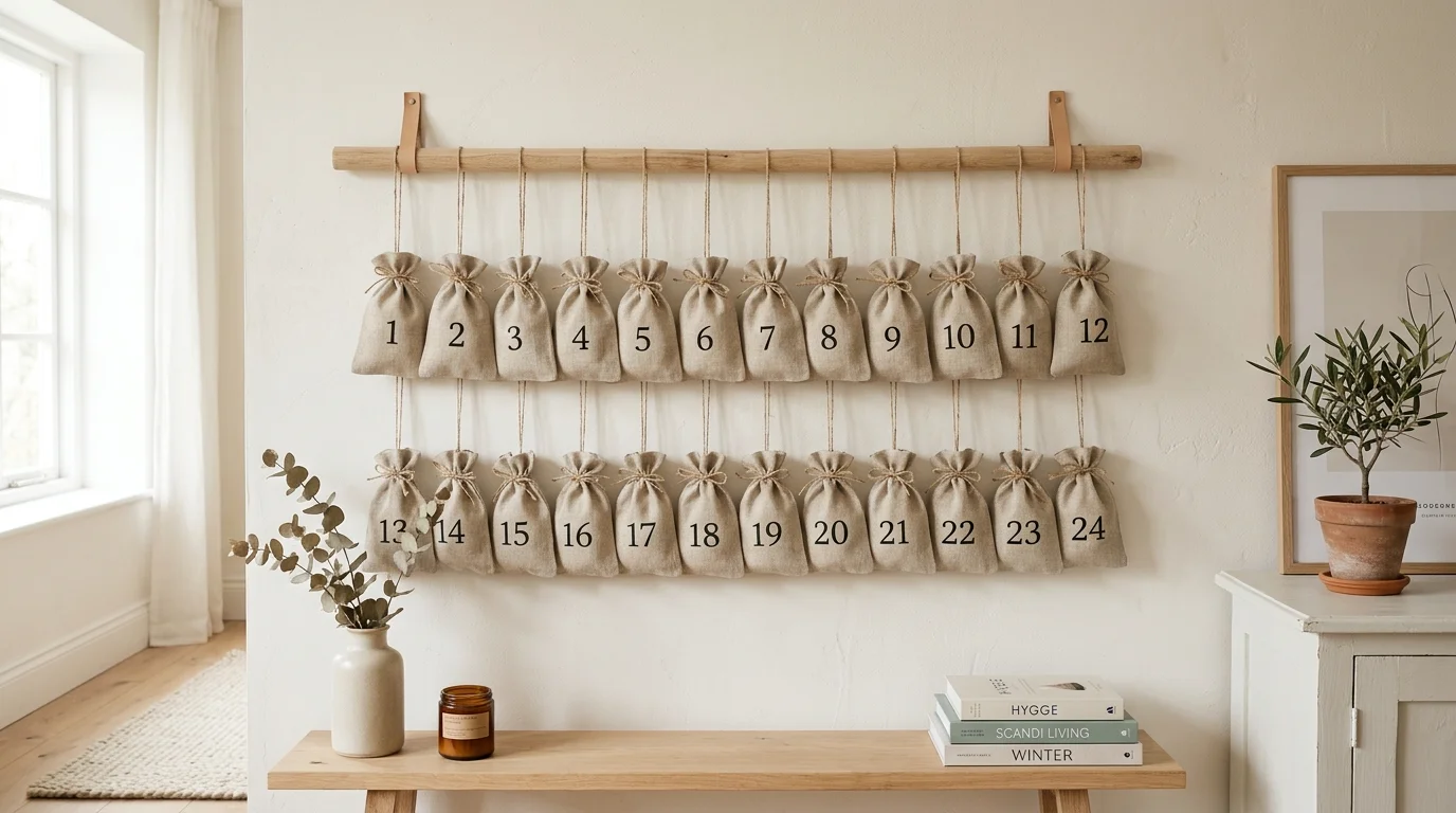 A Scandinavian-style advent calendar with simple linen bags hanging on a wooden rod, neutral colors, minimal decor, airy feel, natural daylight, straight-on composition, no people