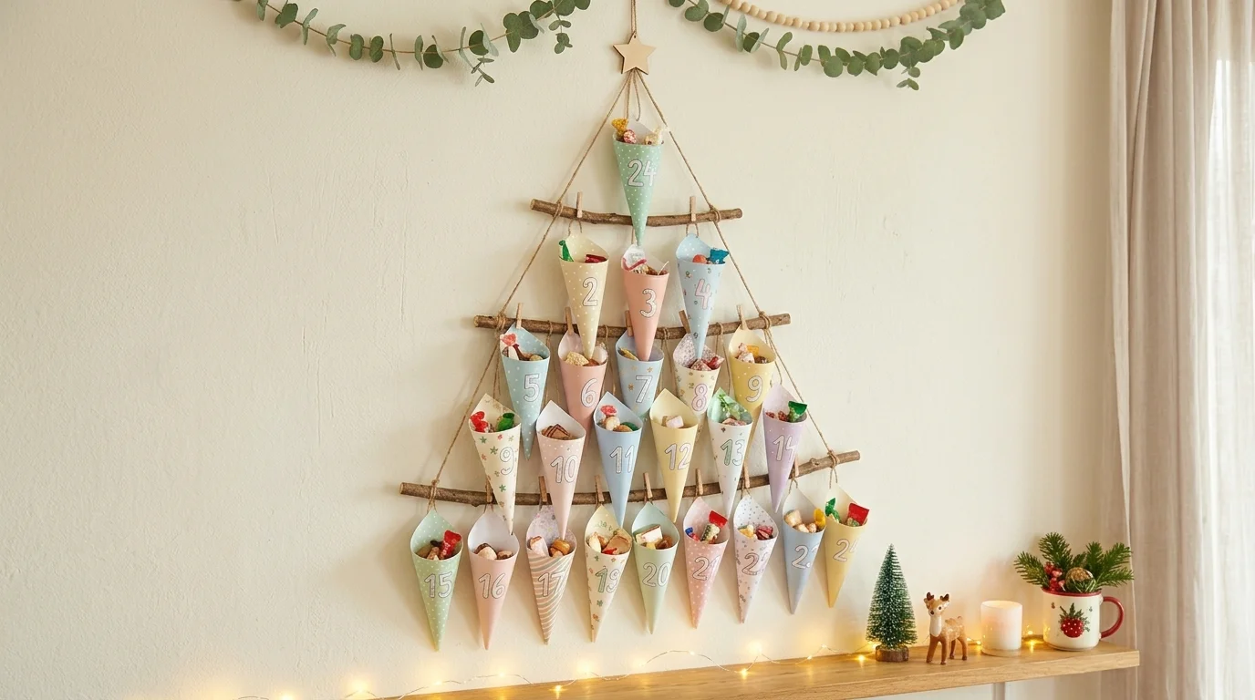 A DIY advent calendar using paper cones filled with treats, hung on a wall in a tree shape, soft pastel colors, playful design, bright lighting, slightly elevated angle, no people