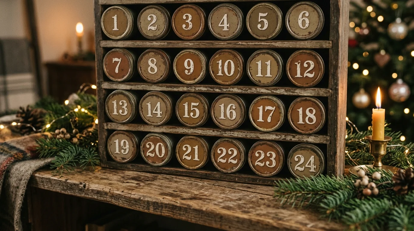 A vintage-inspired advent calendar with small tin containers labeled with numbers, displayed on an antique wooden shelf, warm muted tones, soft ambient lighting, nostalgic feel, close-up shot, no people