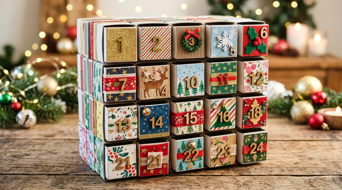 A creative advent calendar made from matchboxes stacked into a cube structure, each drawer decorated uniquely, colorful patterns, detailed textures, bright lighting, close-up angled composition, no people