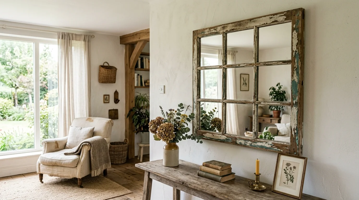 A vintage window frame used as a decorative wall mirror with distressed paint finish, mounted in a bright living room with soft natural daylight, elegant rustic charm, no people