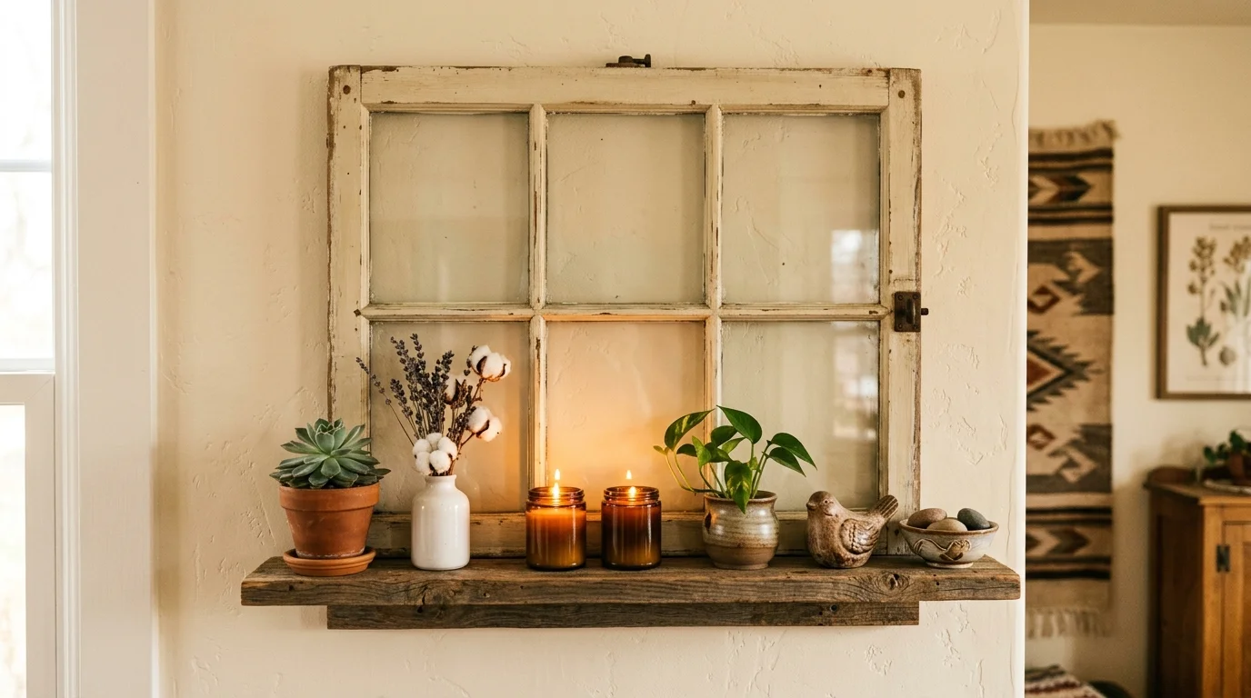 A farmhouse-style window frame repurposed into a wall shelf unit with small potted plants, candles, and ceramic decor, warm earthy tones, cozy lighting, no people