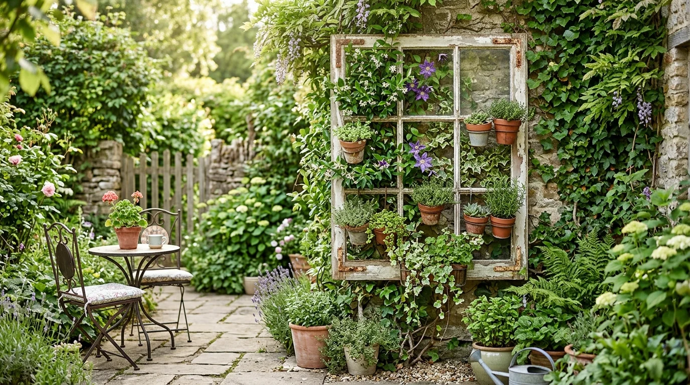 A garden-inspired old window frame used as a vertical plant trellis display with climbing greenery, outdoor patio setting, soft sunlight, natural rustic atmosphere, no people