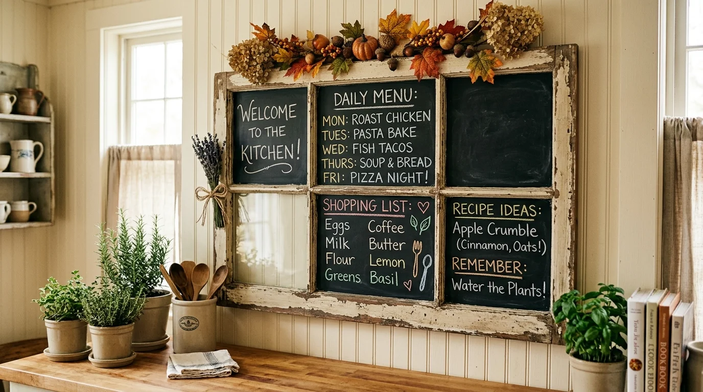 A distressed window frame turned into a chalkboard message board with handwritten notes and seasonal decor accents, kitchen wall setting, warm ambient light, no people