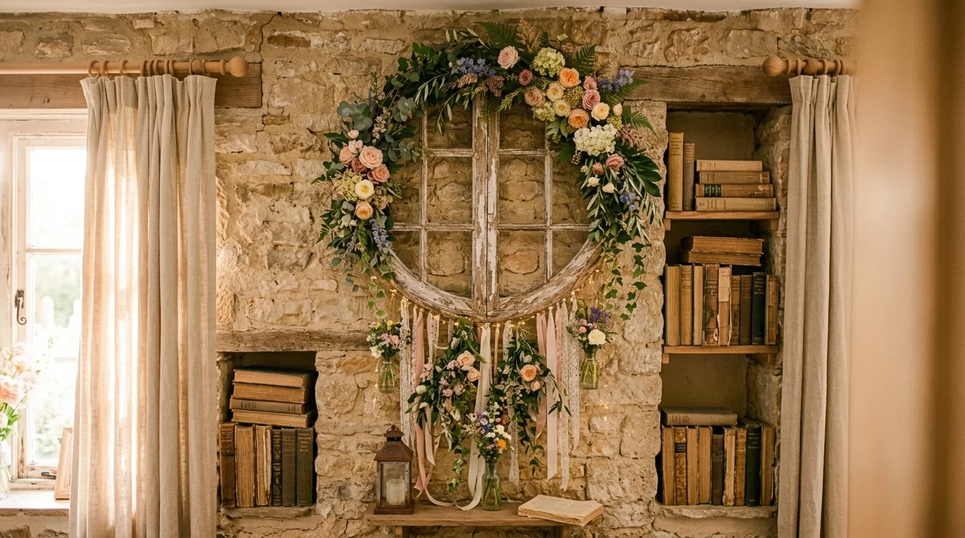 A decorative old window frame styled as a wreath backdrop with hanging floral arrangements and greenery, romantic cottage aesthetic, soft golden light, no people
