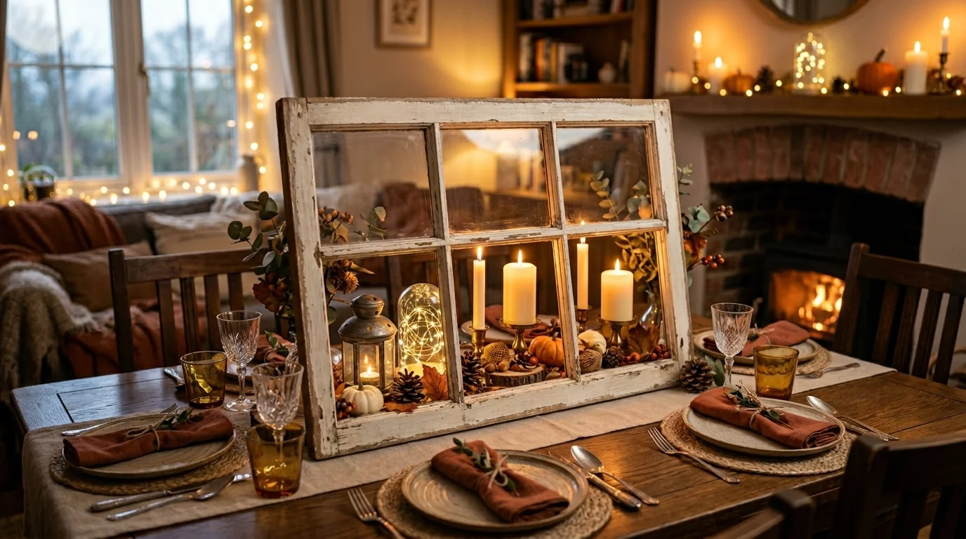 A repurposed window frame used as a tabletop centerpiece display with candles, lanterns, and seasonal ornaments, cozy dining table setting, warm lighting, no people