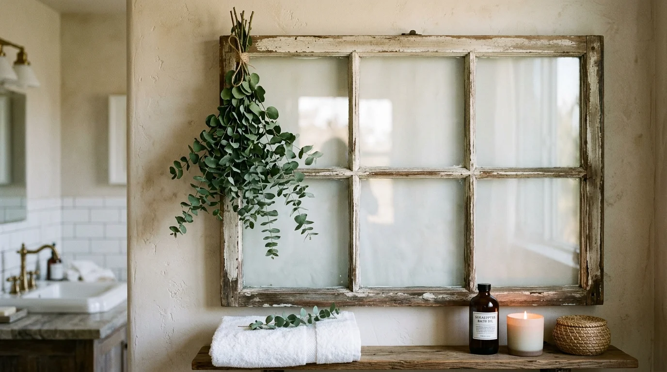 A vintage window frame transformed into a bathroom wall accent with frosted glass and hanging eucalyptus decor, spa-like calm atmosphere, soft diffused light, no people