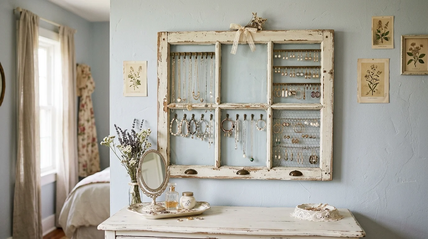A shabby chic window frame repurposed as a jewelry organizer with hooks and hanging accessories, bedroom vanity wall, soft pastel tones, gentle lighting, no people