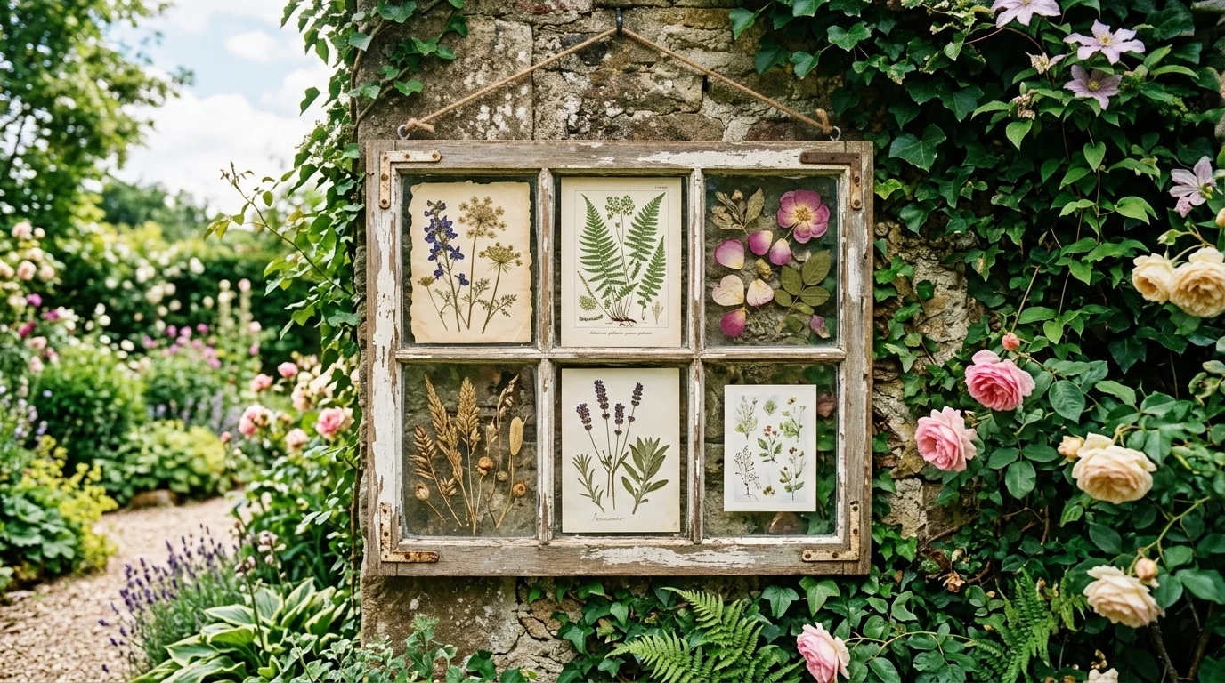 A rustic window frame used as a garden wall art piece with pressed flowers and botanical prints behind glass panes, natural outdoor setting, daylight glow, no people