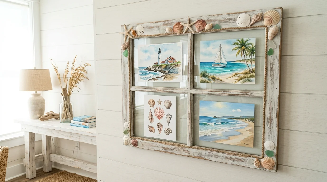 A coastal-style window frame decor with whitewashed finish, seashell accents, and ocean-themed artwork behind panes, airy beach house vibe, bright natural light, no people